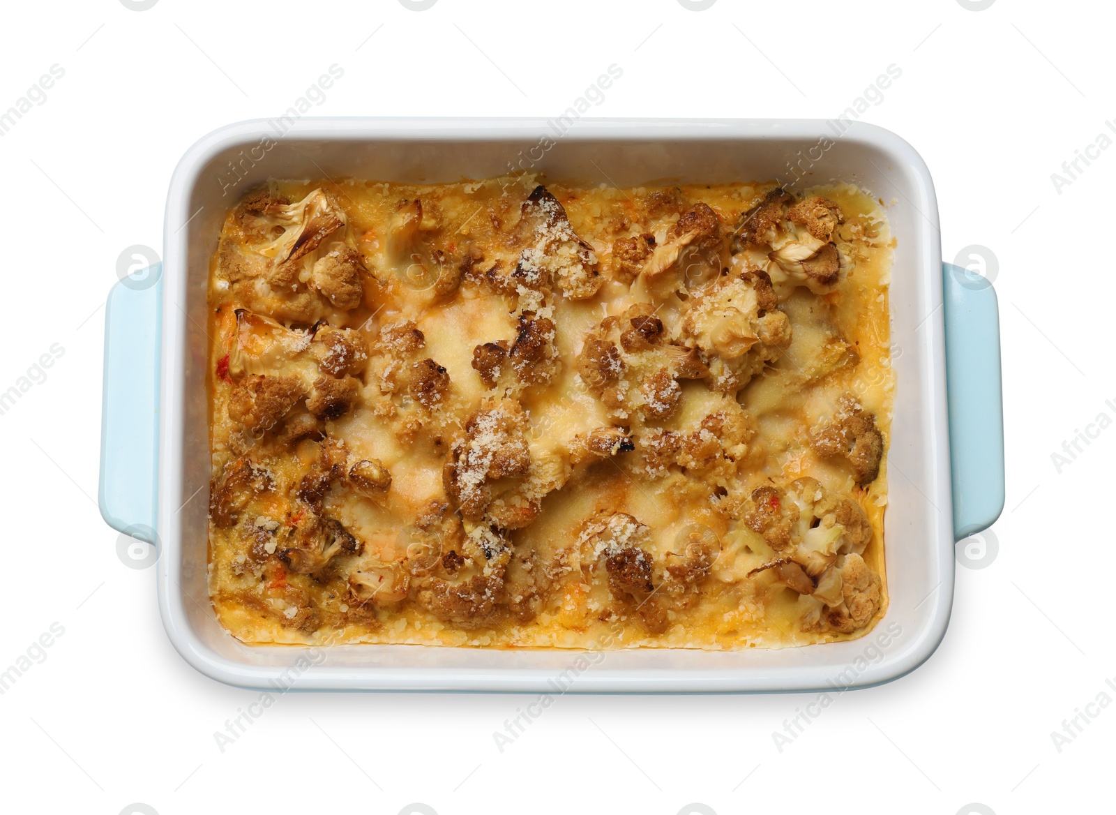 Photo of Tasty baked cauliflower in baking dish isolated on white, top view