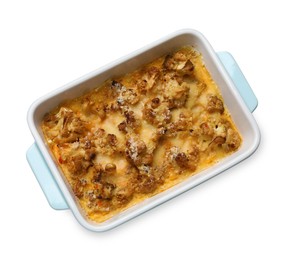 Photo of Tasty baked cauliflower in baking dish isolated on white, top view