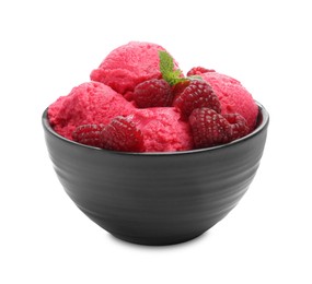 Photo of Delicious raspberry sorbet, fresh berries and mint in bowl isolated on white