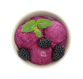 Delicious blackberry sorbet, fresh berries and mint in bowl isolated on white, top view