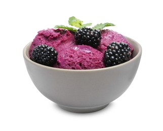 Photo of Delicious blackberry sorbet, fresh berries and mint in bowl isolated on white