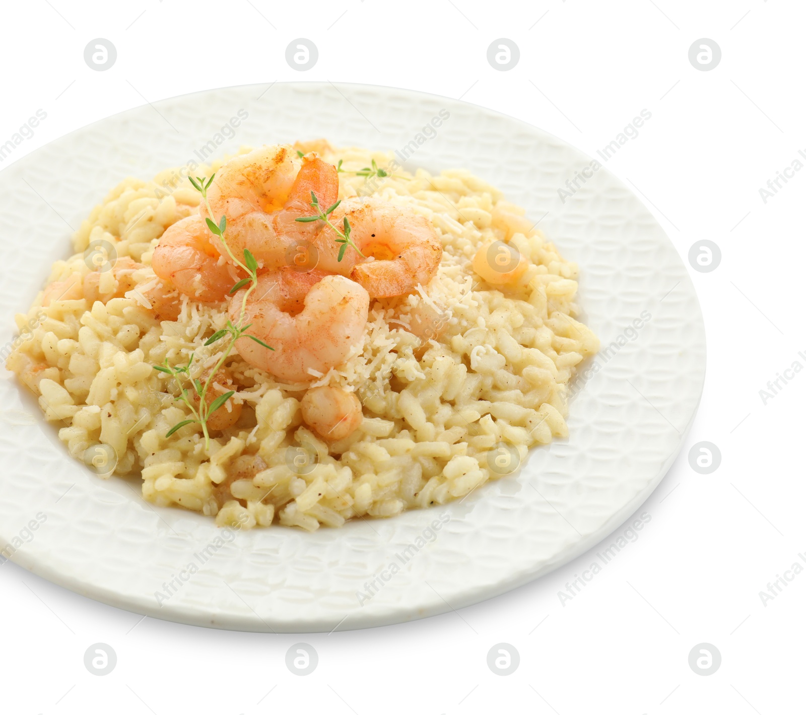 Photo of Delicious risotto with shrimps and cheese isolated on white