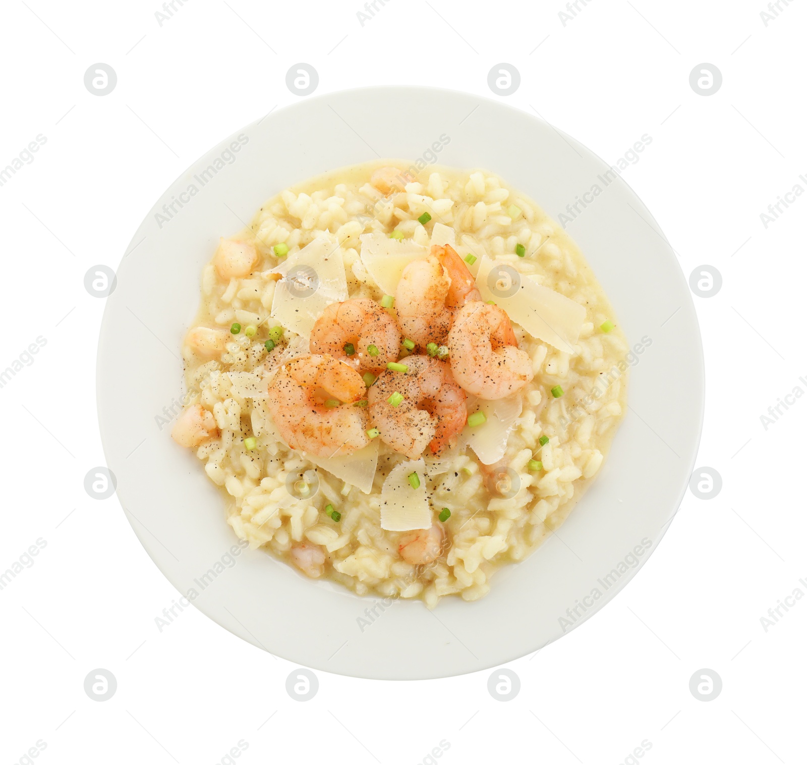 Photo of Delicious risotto with shrimps and cheese isolated on white, top view