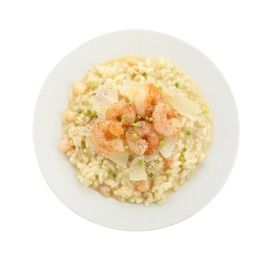 Photo of Delicious risotto with shrimps and cheese isolated on white, top view