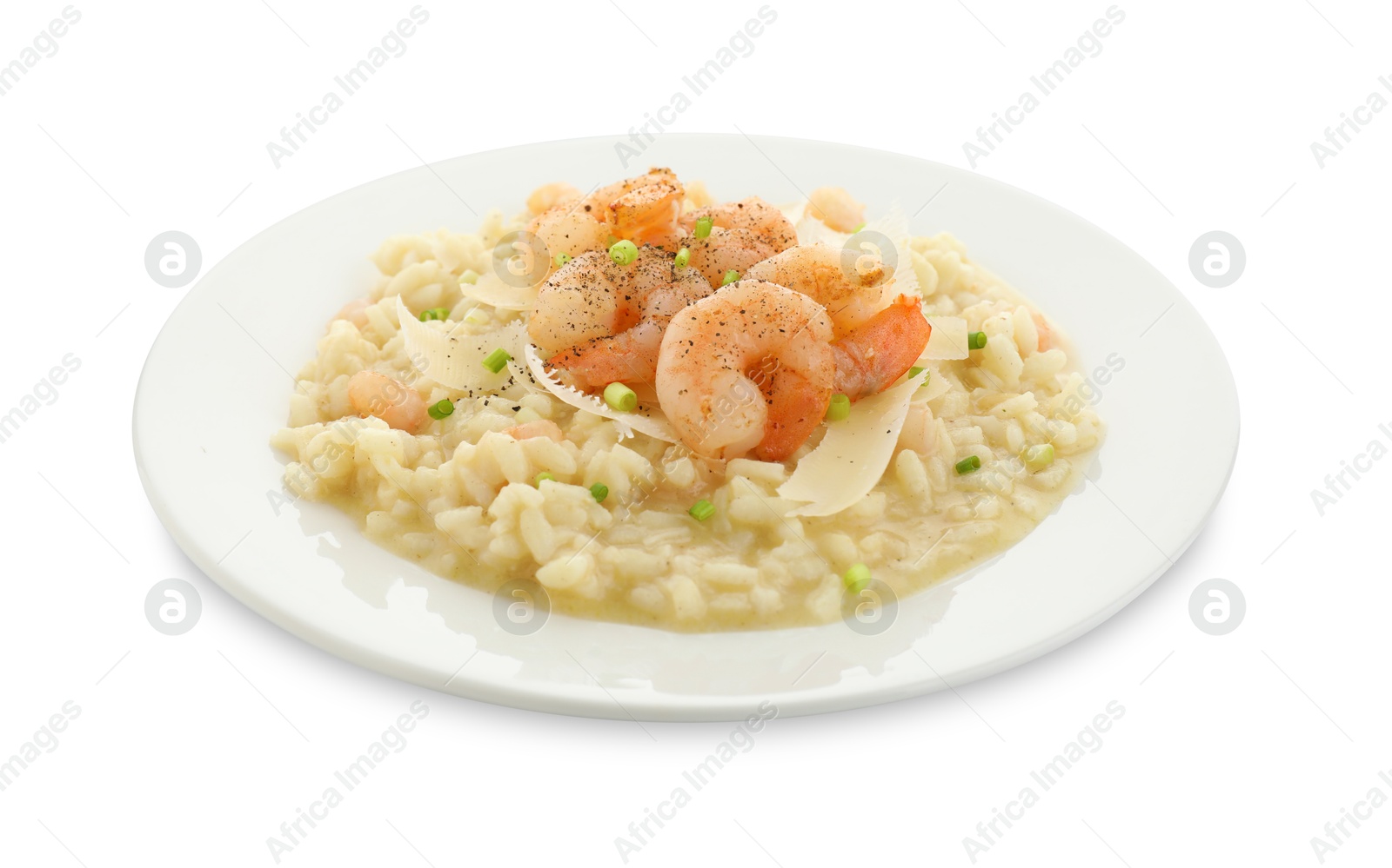 Photo of Delicious risotto with shrimps and cheese isolated on white