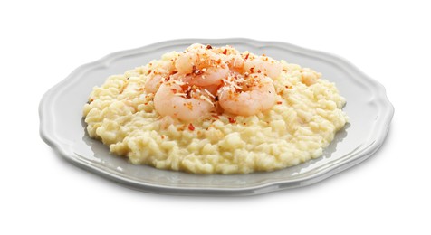 Photo of Delicious risotto with shrimps and cheese isolated on white