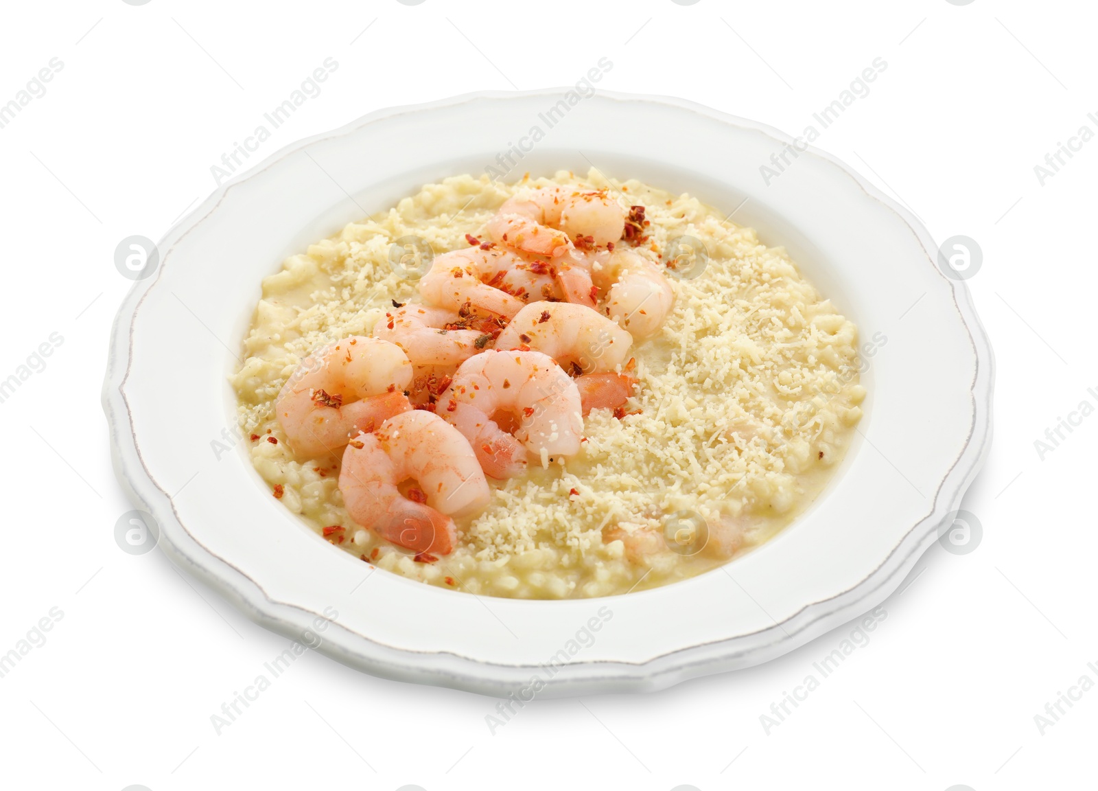 Photo of Delicious risotto with shrimps and cheese isolated on white