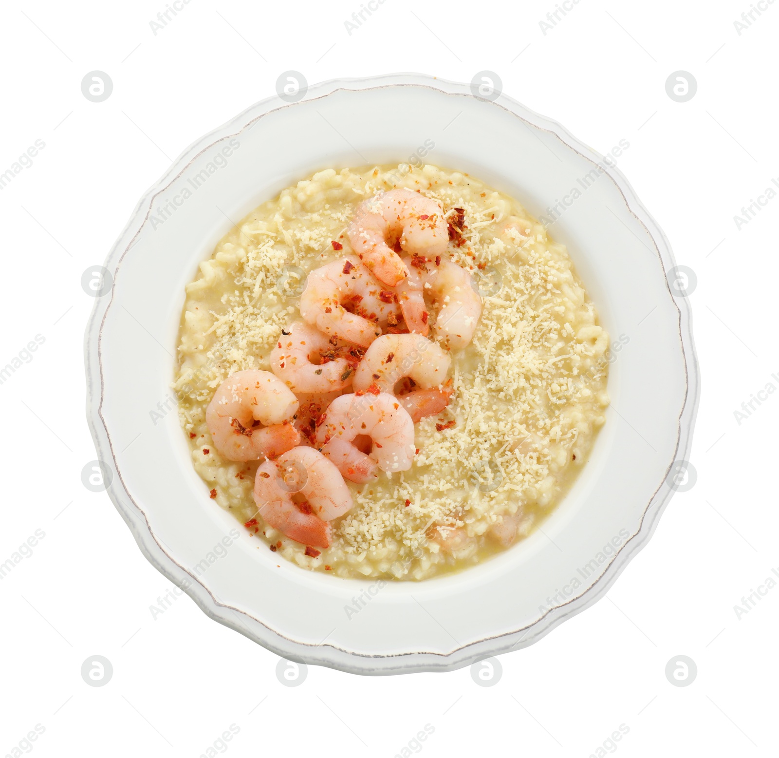 Photo of Delicious risotto with shrimps and cheese isolated on white, top view