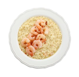 Delicious risotto with shrimps and cheese isolated on white, top view