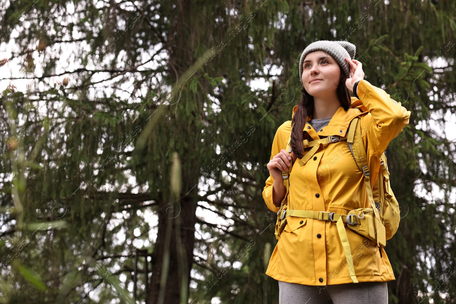 Photo of Young hiker with backpack in forest, space for text