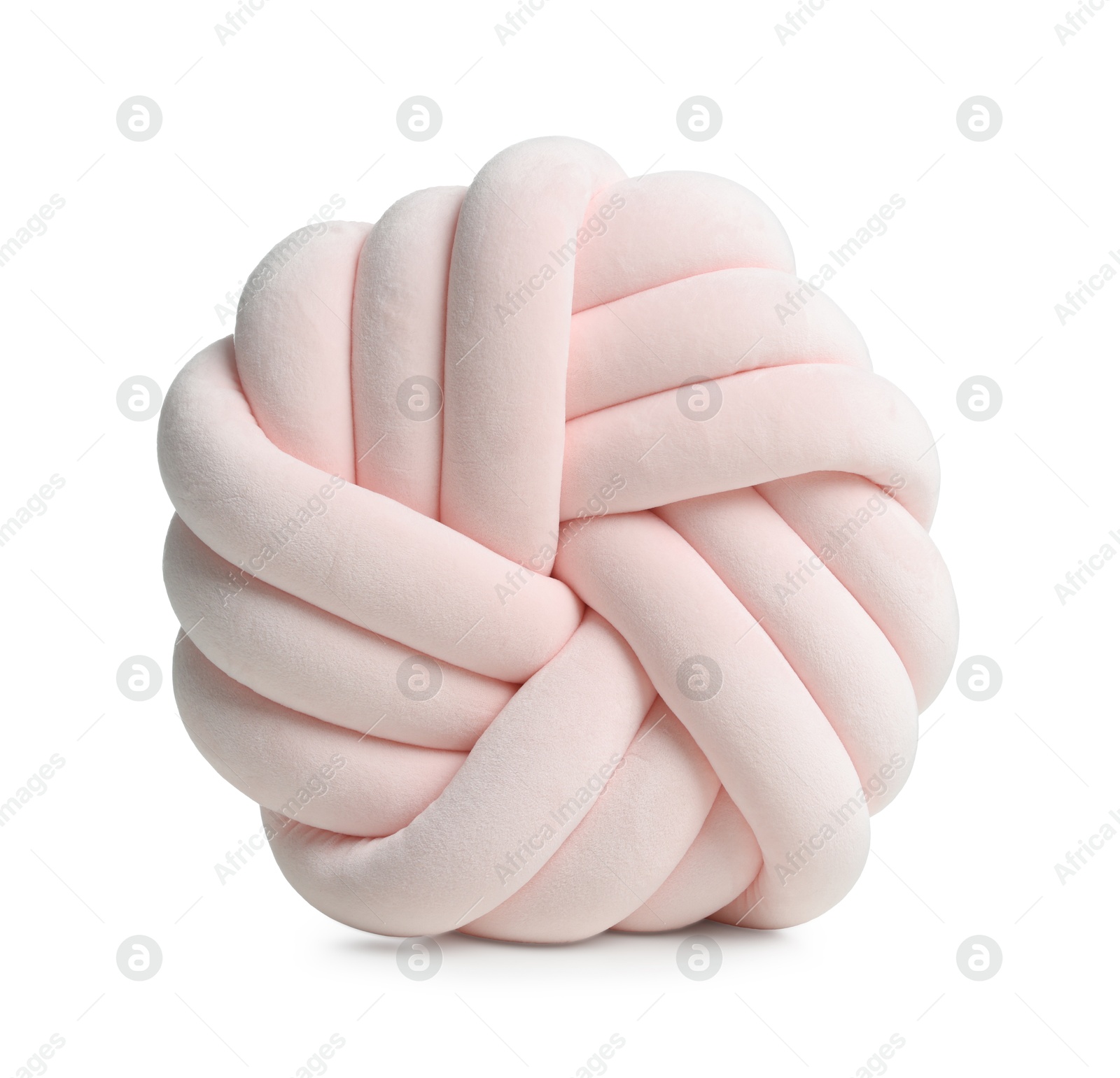 Photo of One pink cushion in shape of knot isolated on white