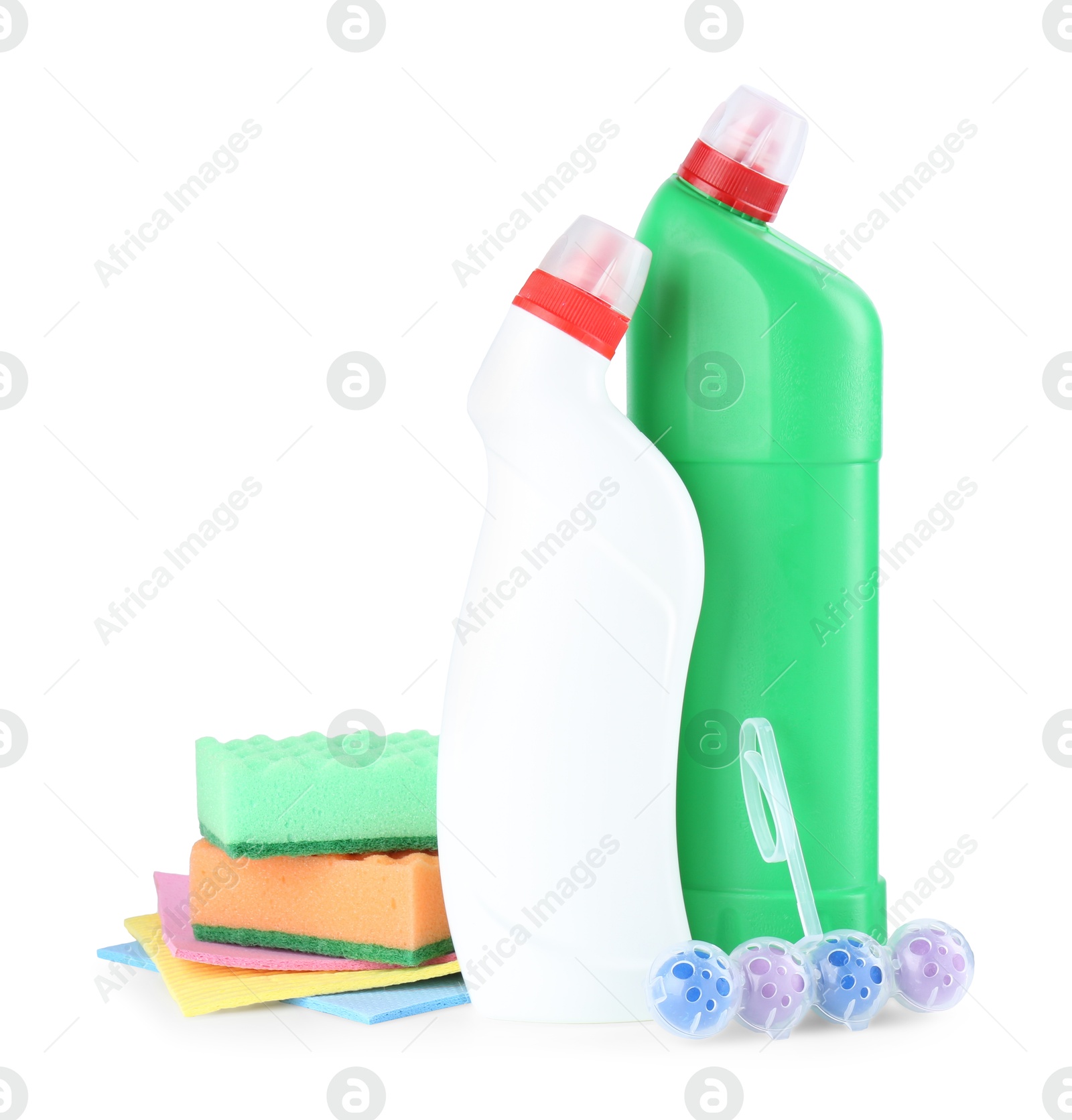 Photo of Different toilet cleaners, stack of sponges and rags isolated on white