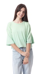 Portrait of beautiful teenage girl on white background