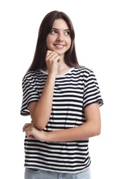 Photo of Portrait of beautiful teenage girl on white background