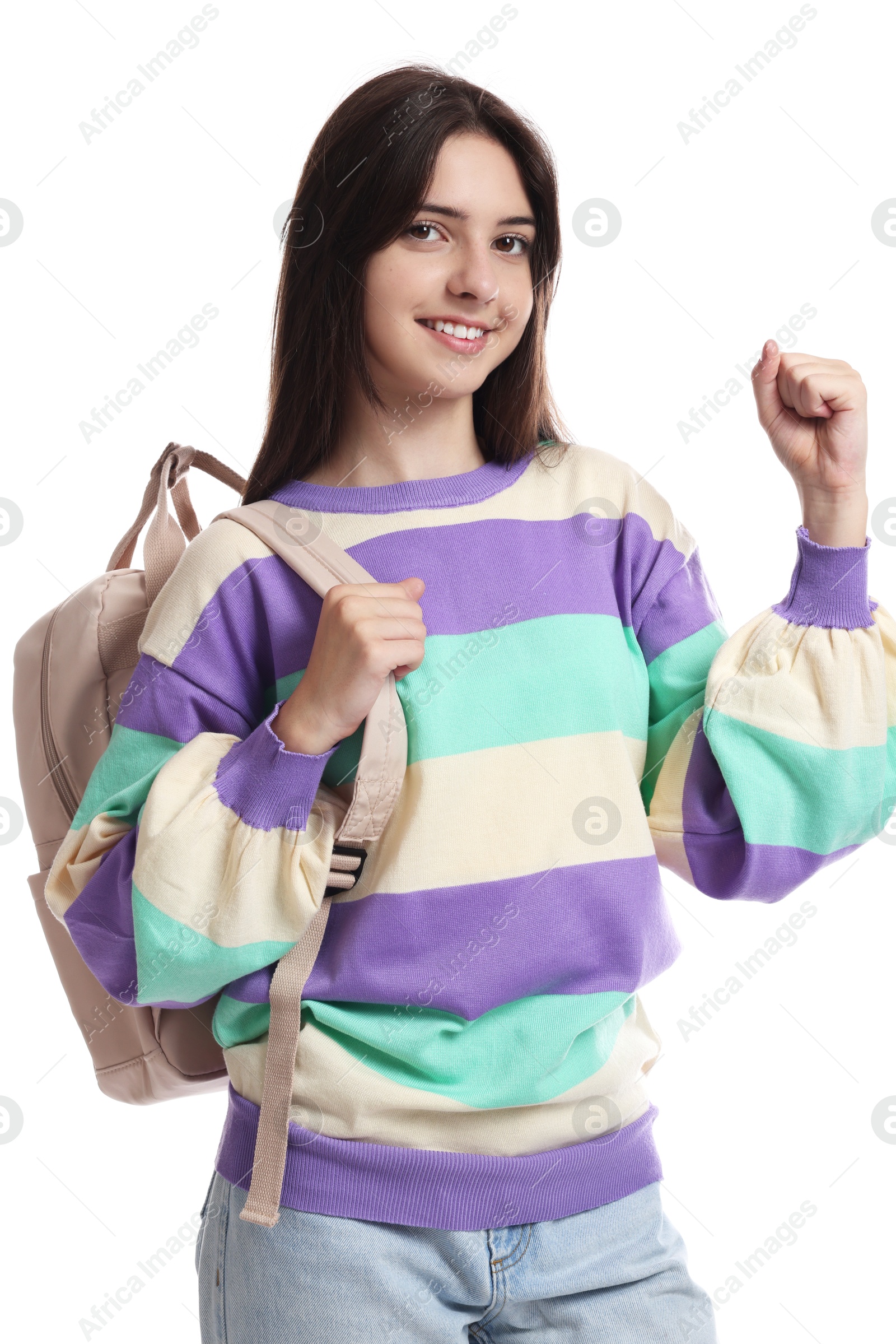 Photo of Portrait of cute teenage girl with backpack on white background