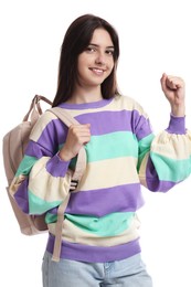 Portrait of cute teenage girl with backpack on white background