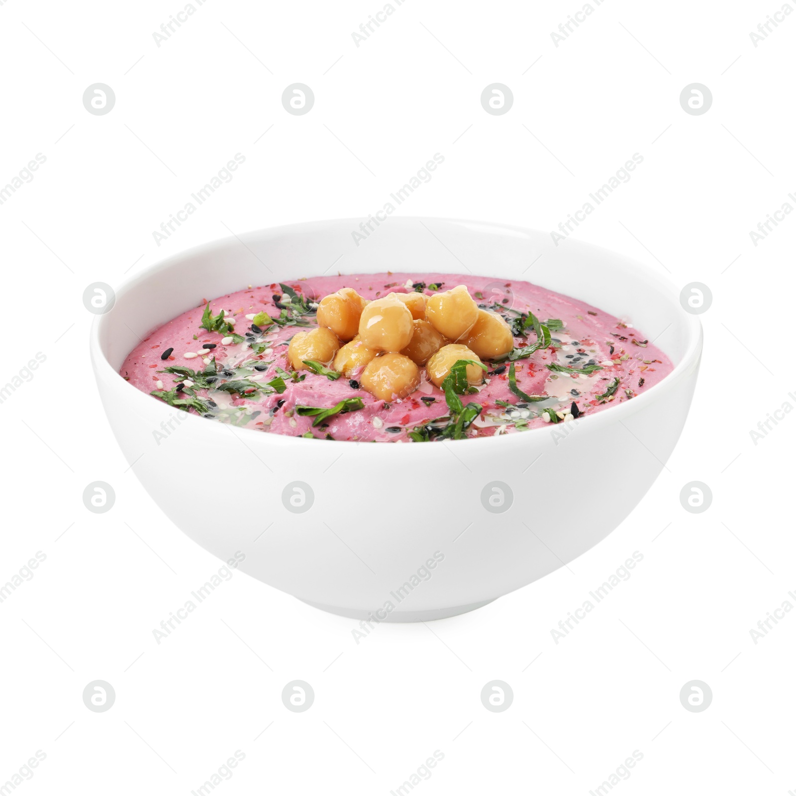 Photo of Tasty beetroot hummus and chickpeas in bowl isolated on white