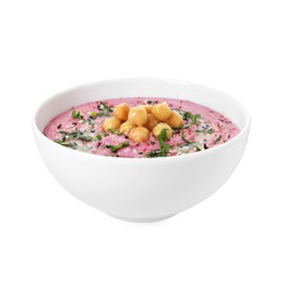 Photo of Tasty beetroot hummus and chickpeas in bowl isolated on white