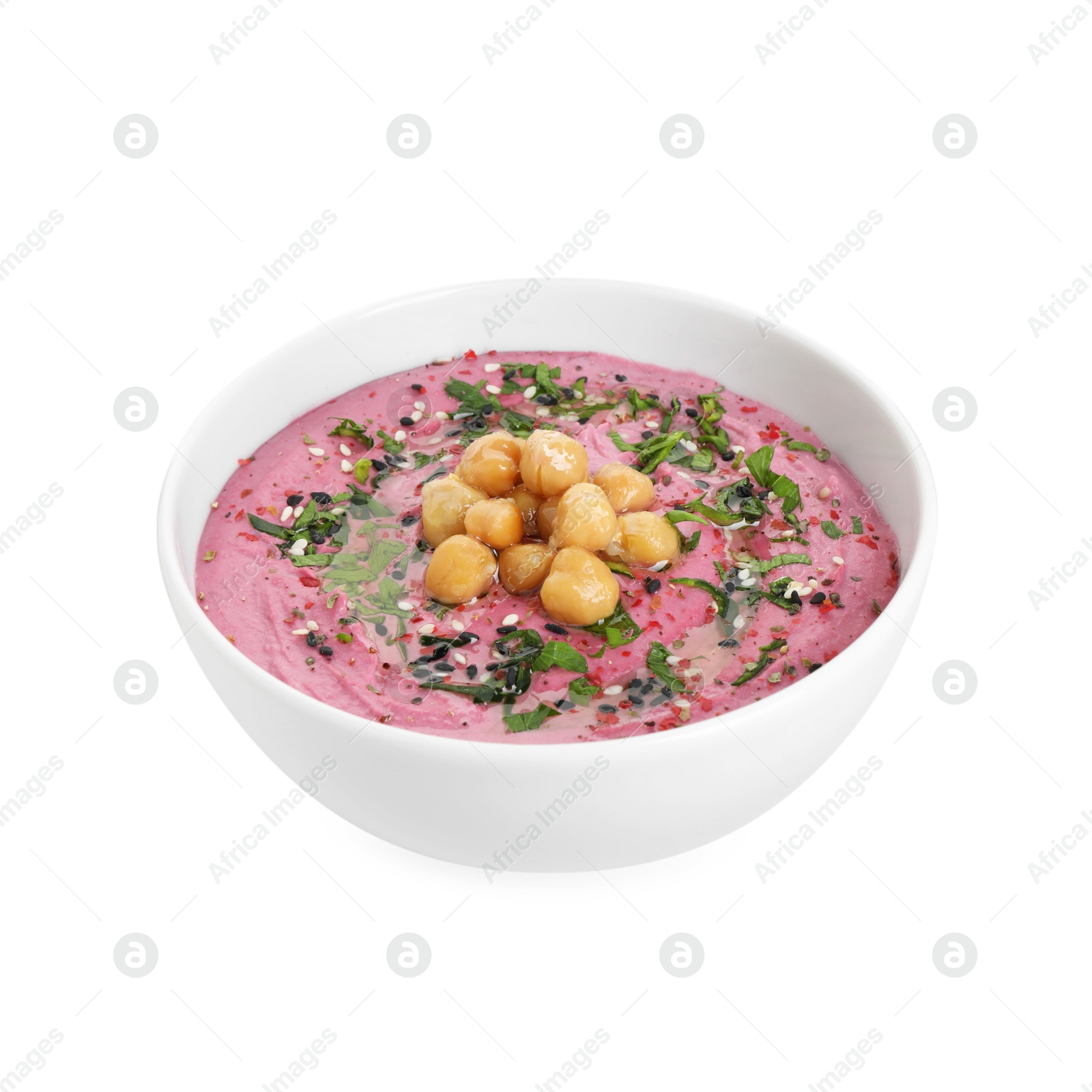 Photo of Tasty beetroot hummus and chickpeas in bowl isolated on white