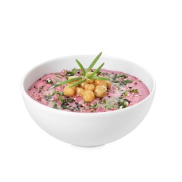 Photo of Tasty beetroot hummus and chickpeas in bowl isolated on white