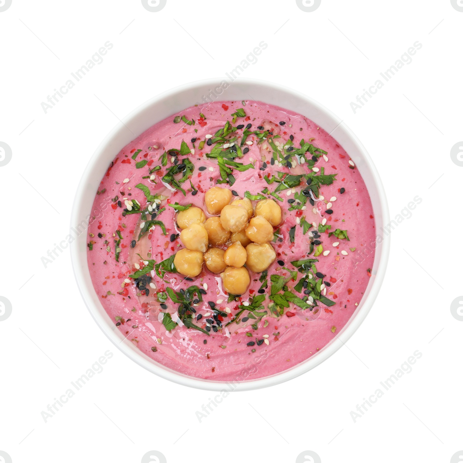 Photo of Tasty beetroot hummus and chickpeas in bowl isolated on white, top view