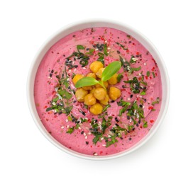 Photo of Tasty beetroot hummus and chickpeas in bowl isolated on white, top view