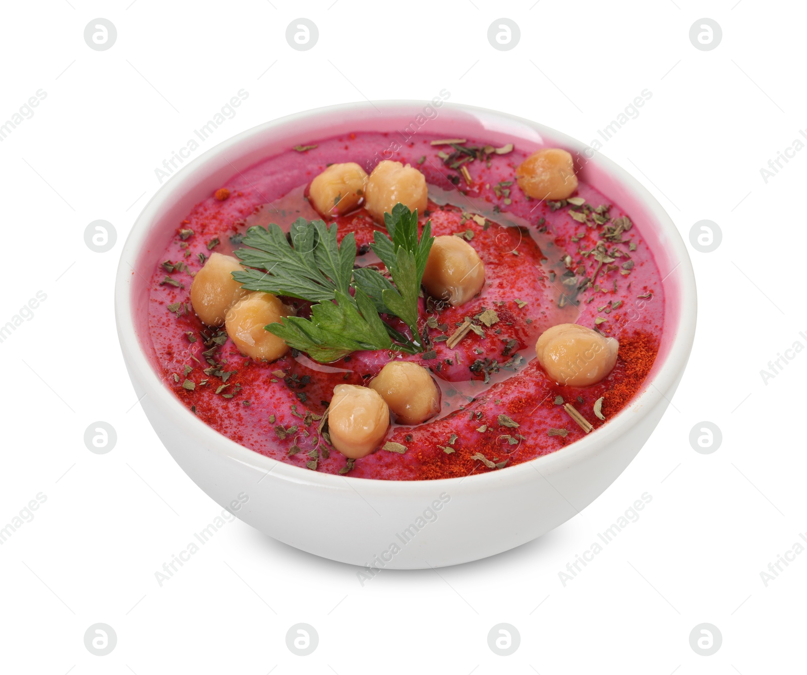 Photo of Tasty beetroot hummus and chickpeas in bowl isolated on white