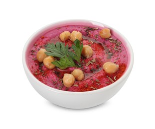 Photo of Tasty beetroot hummus and chickpeas in bowl isolated on white