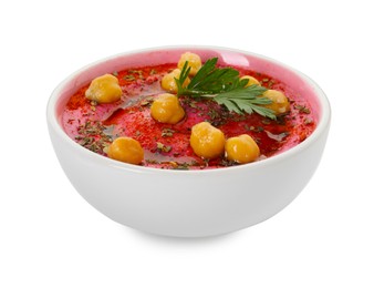 Photo of Tasty beetroot hummus and chickpeas in bowl isolated on white