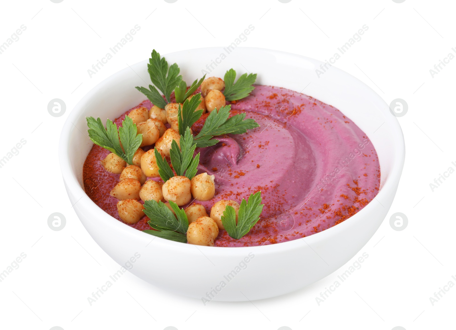 Photo of Tasty beetroot hummus and chickpeas in bowl isolated on white