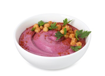 Photo of Tasty beetroot hummus and chickpeas in bowl isolated on white