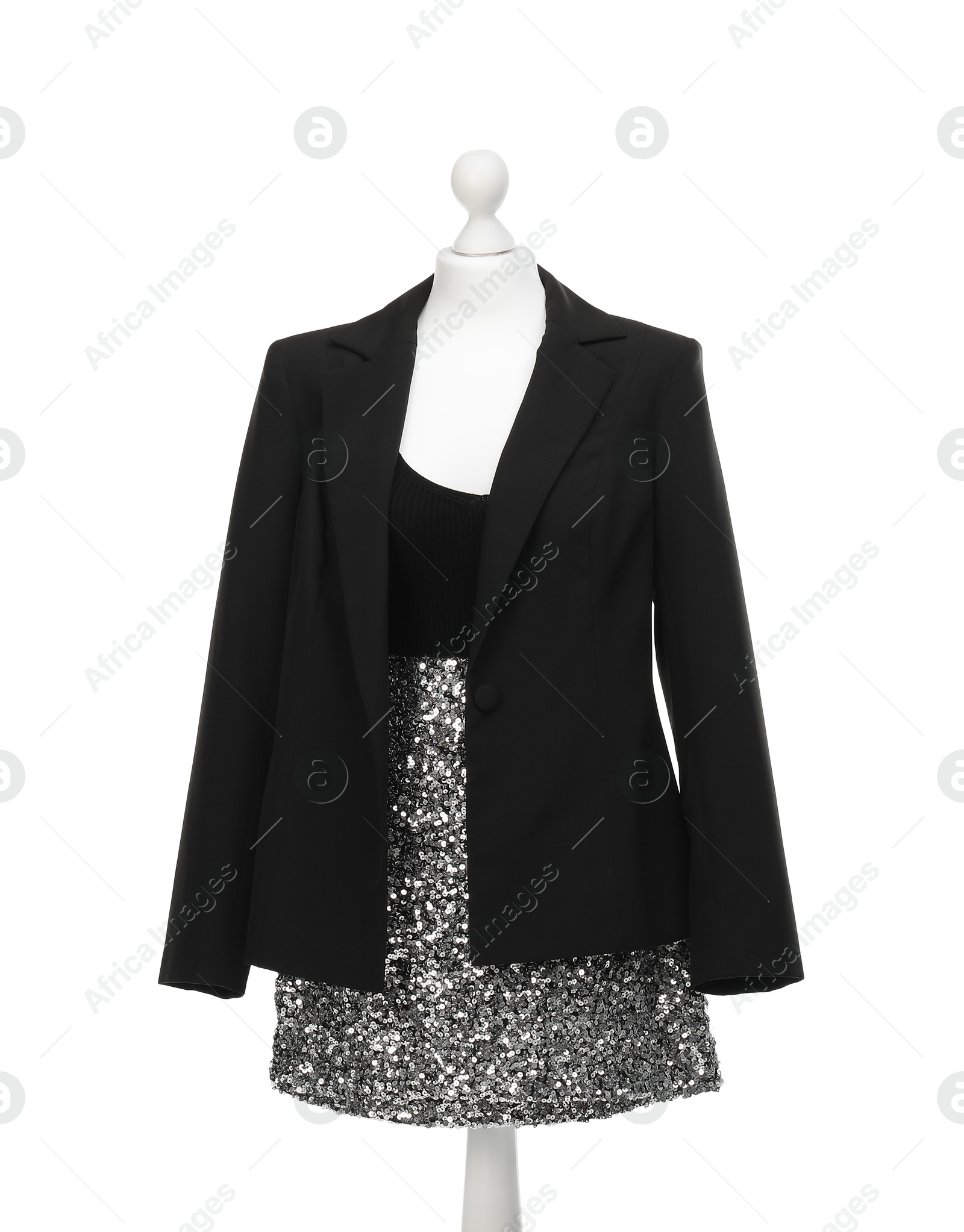 Photo of Mannequin with new stylish dress and jacket isolated on white