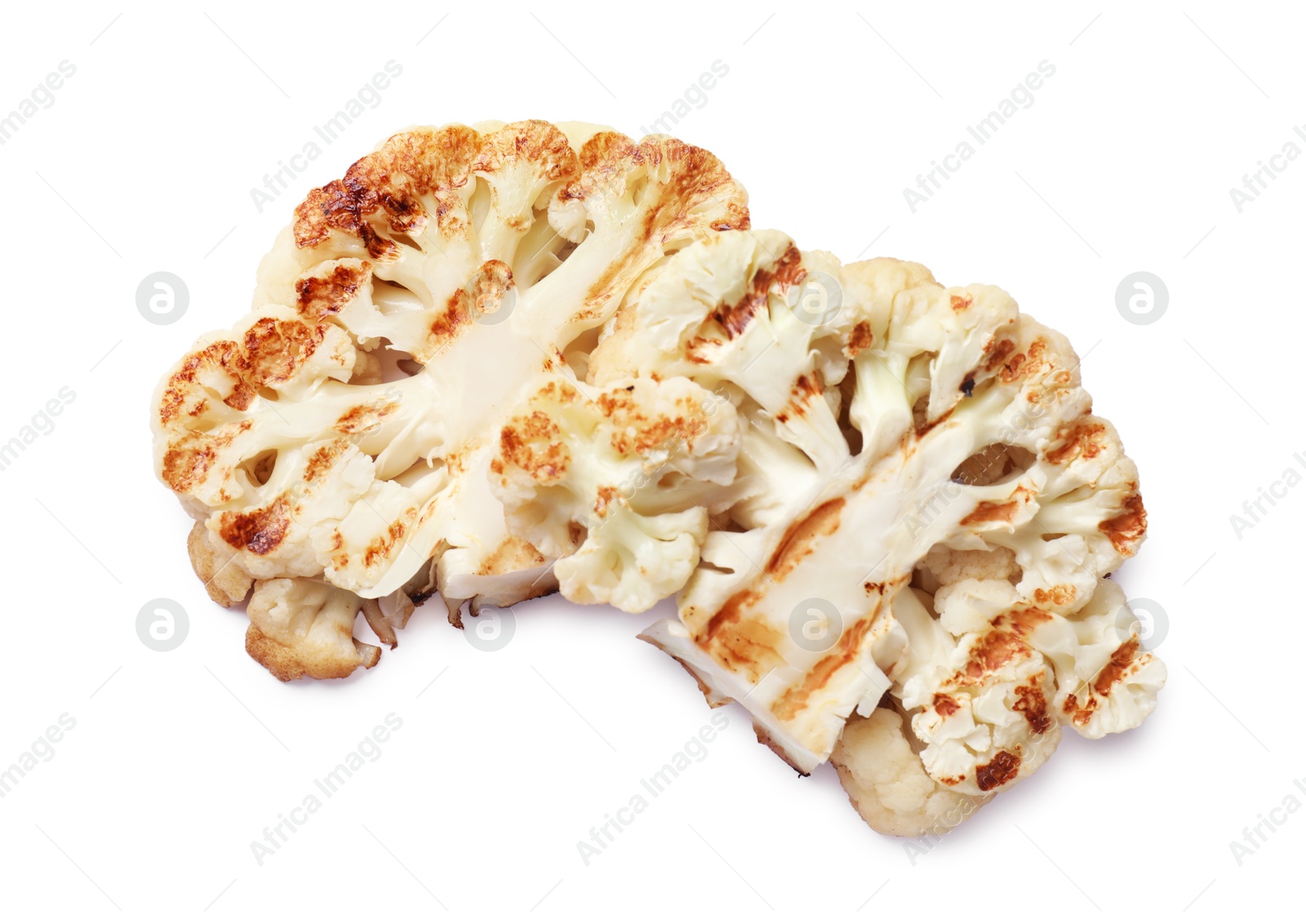 Photo of Delicious grilled cauliflower steaks isolated on white, top view