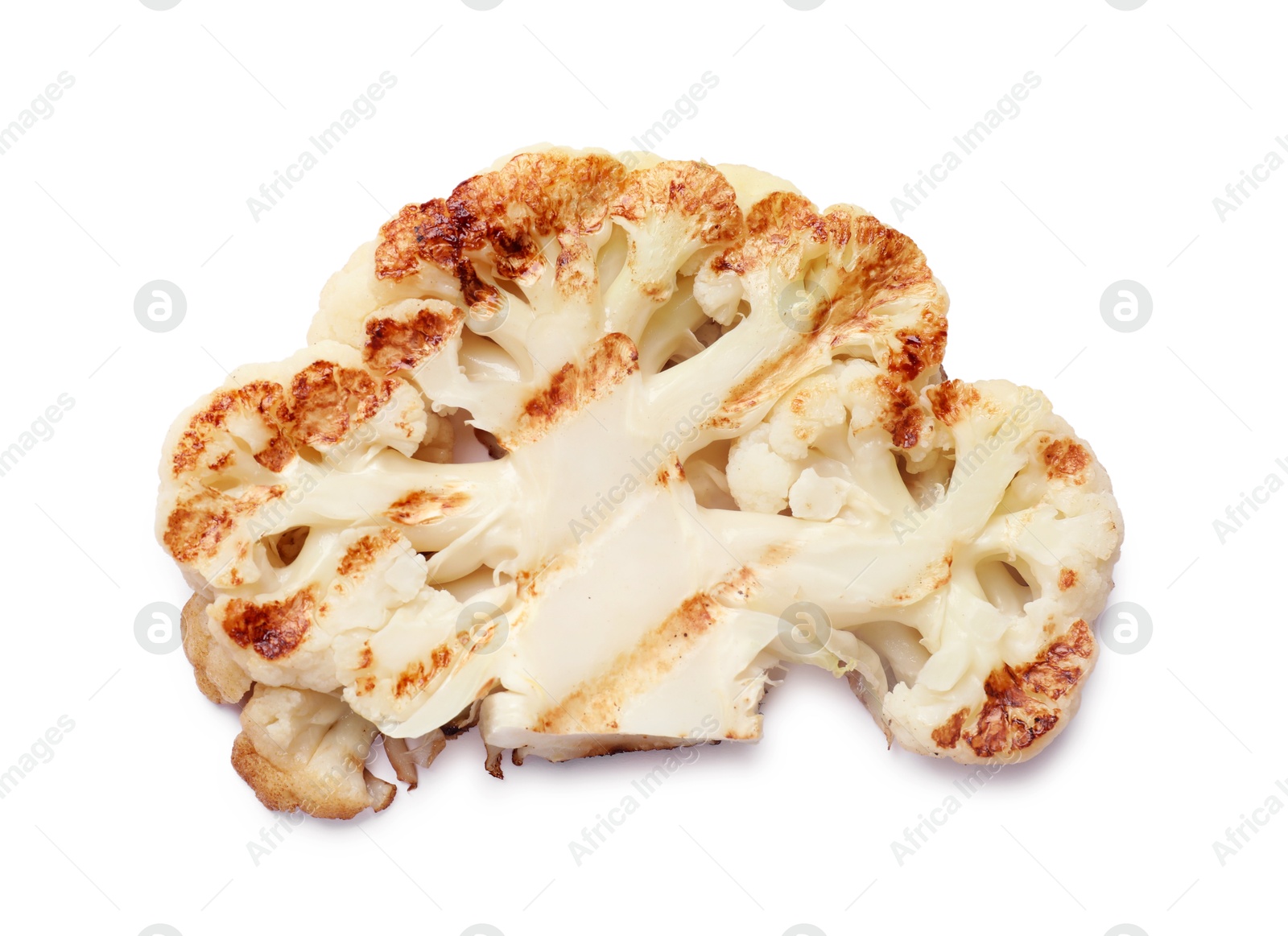 Photo of Delicious grilled cauliflower steak isolated on white, top view