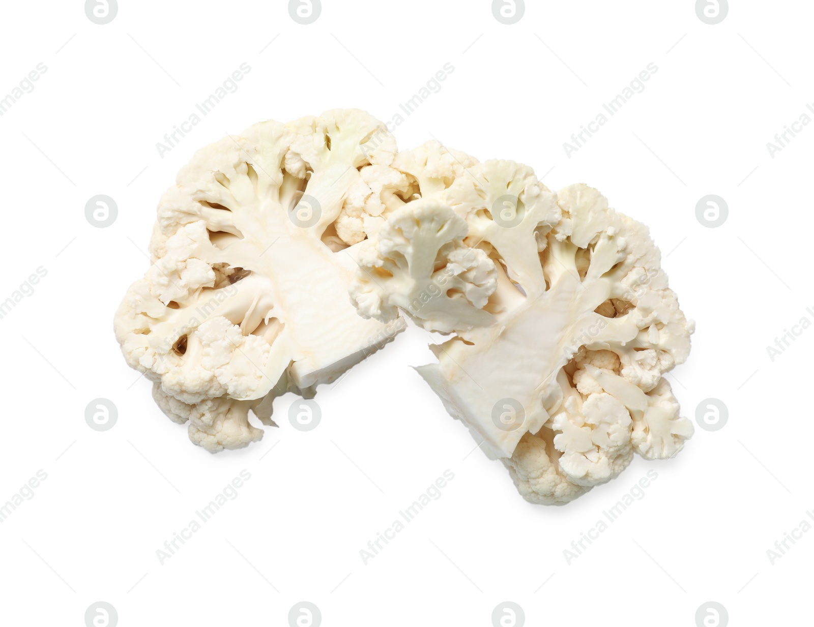 Photo of Two uncooked cauliflower steaks isolated on white