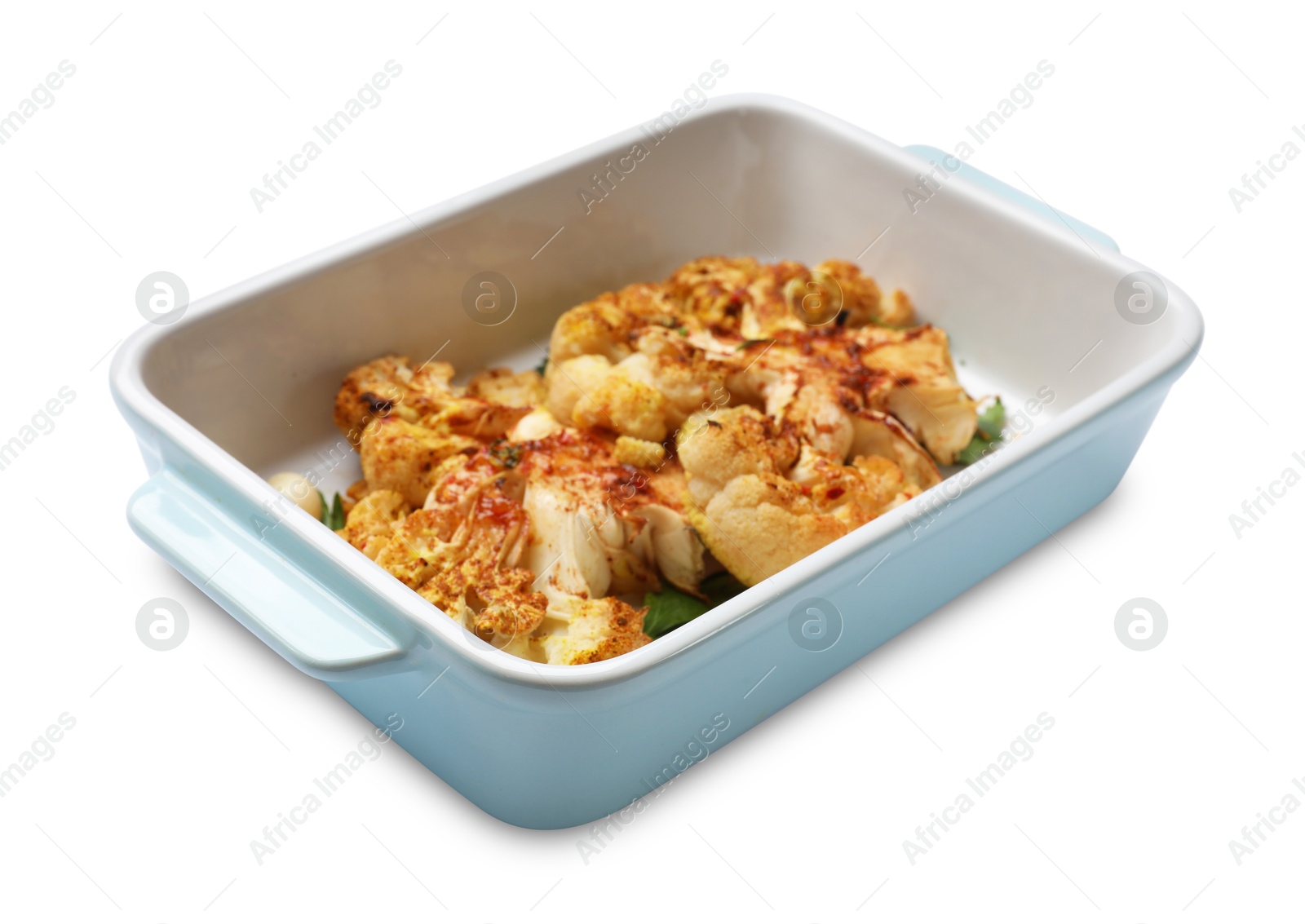 Photo of Delicious baked cauliflower steaks with garlic and parsley in baking dish isolated on white