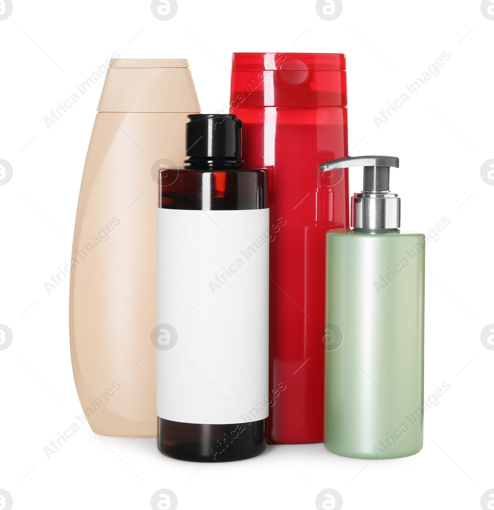 Photo of Many different bottles of shampoo isolated on white