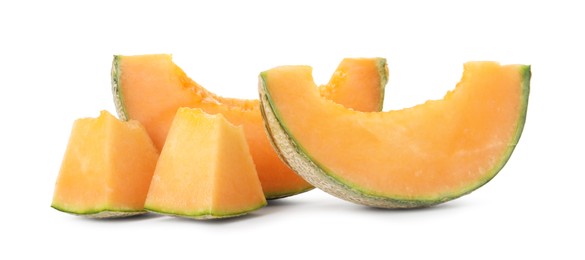 Photo of Pieces of Cantaloupe melon isolated on white