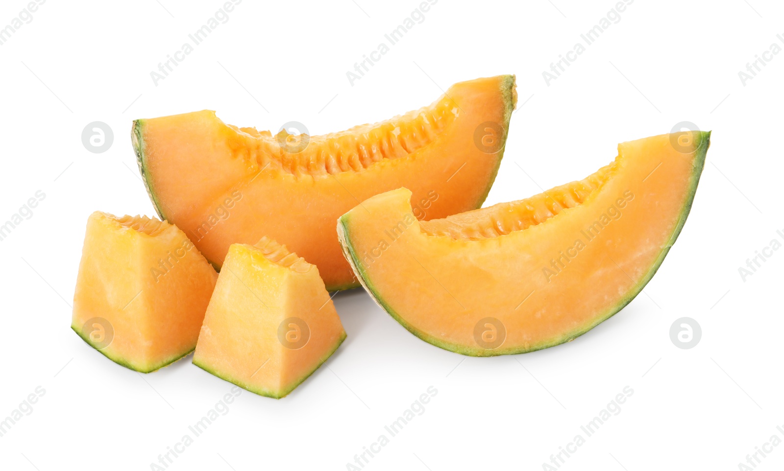 Photo of Pieces of Cantaloupe melon isolated on white