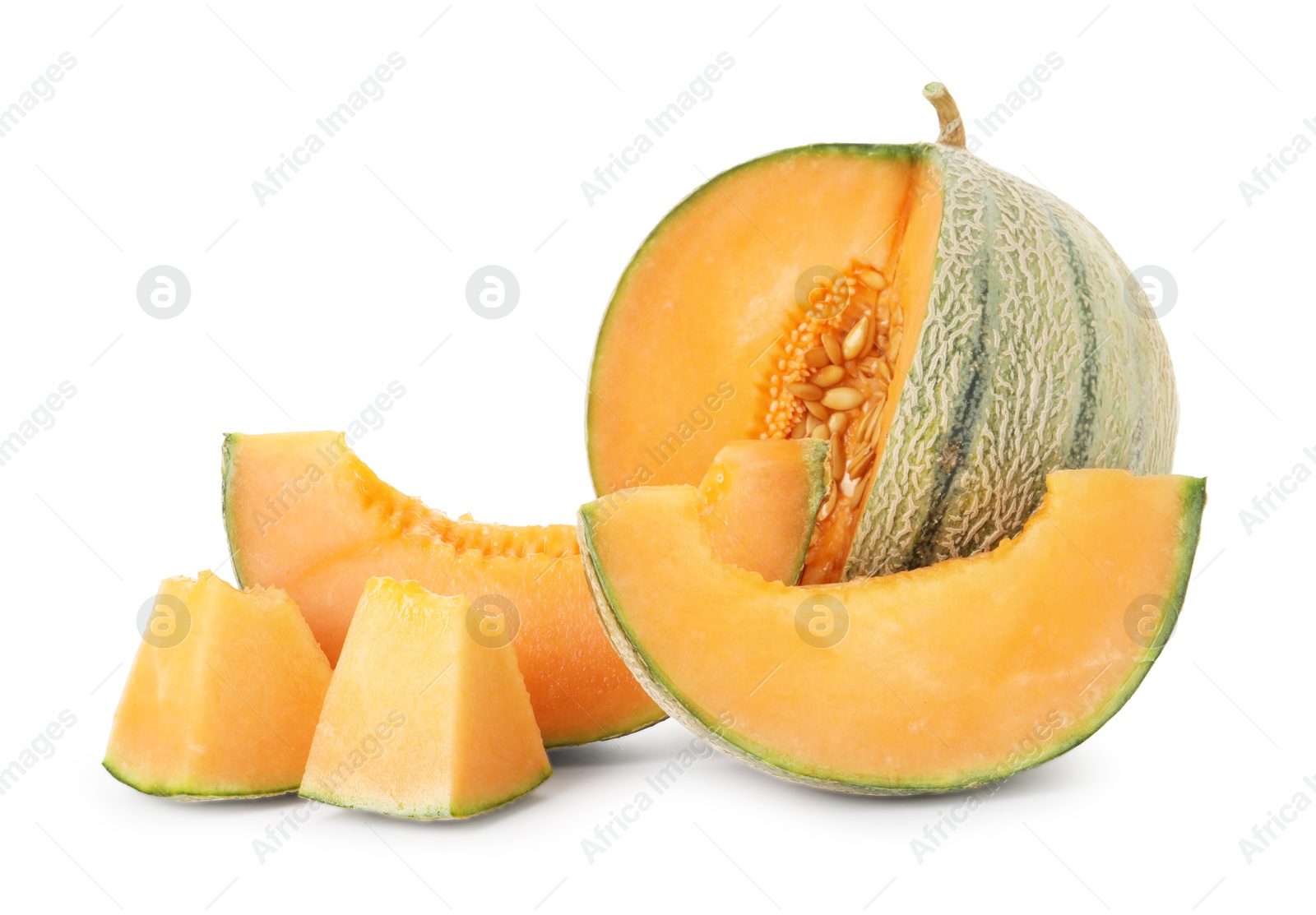 Photo of Tasty cut Cantaloupe melon isolated on white