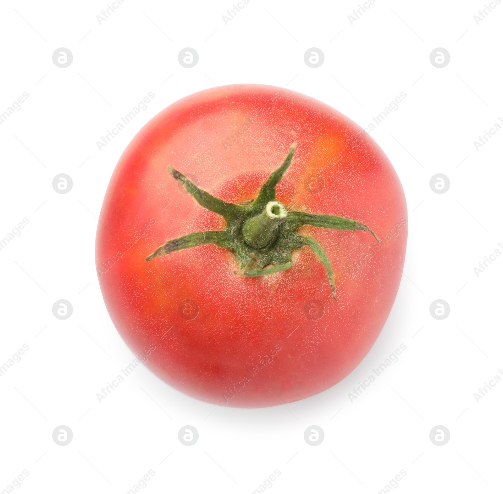 Photo of Fresh ripe pink tomato isolated on white, top view