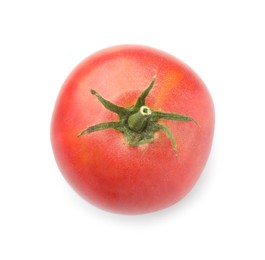 Photo of Fresh ripe pink tomato isolated on white, top view