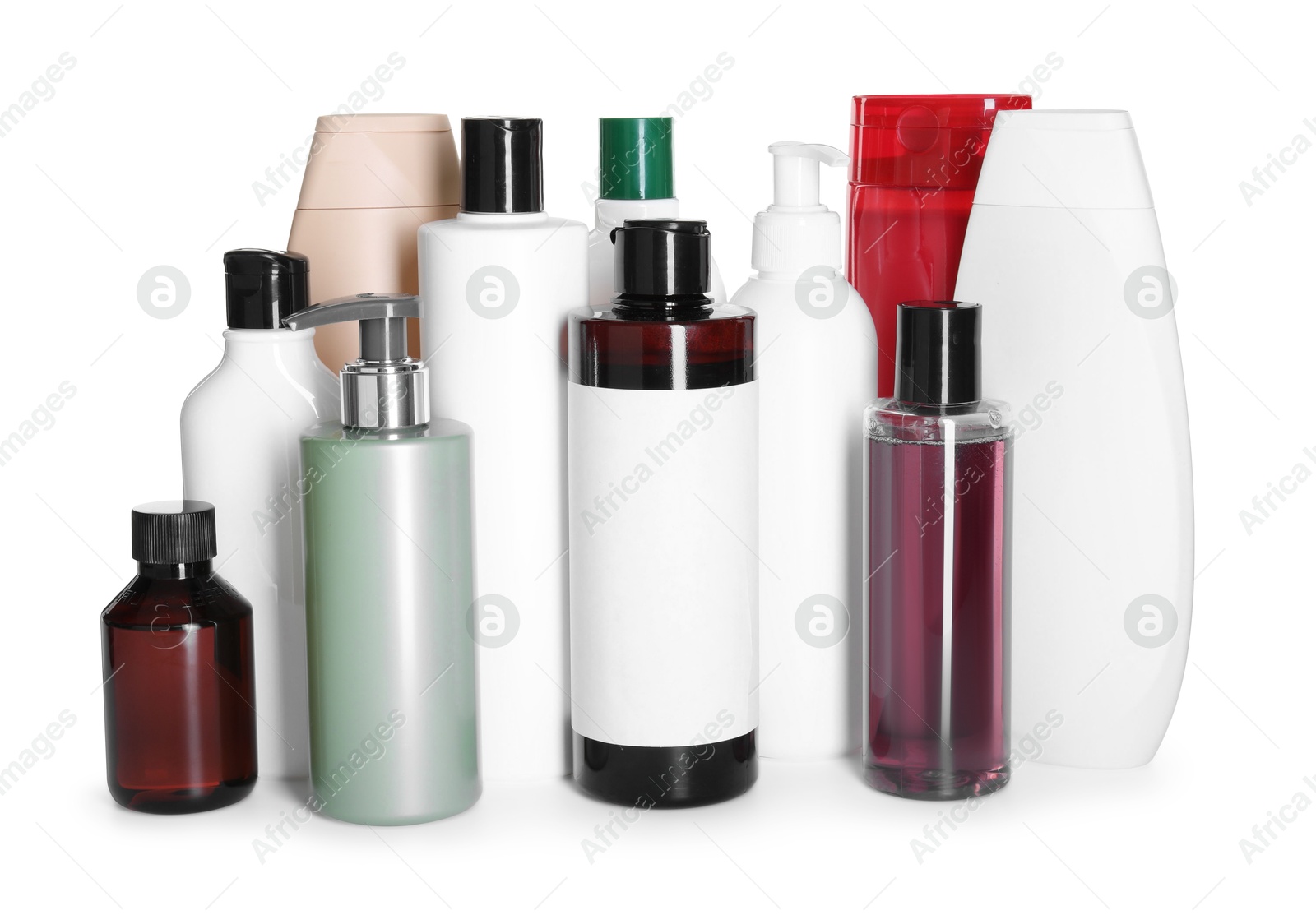 Photo of Bottles of shampoo isolated on white. Personal care product