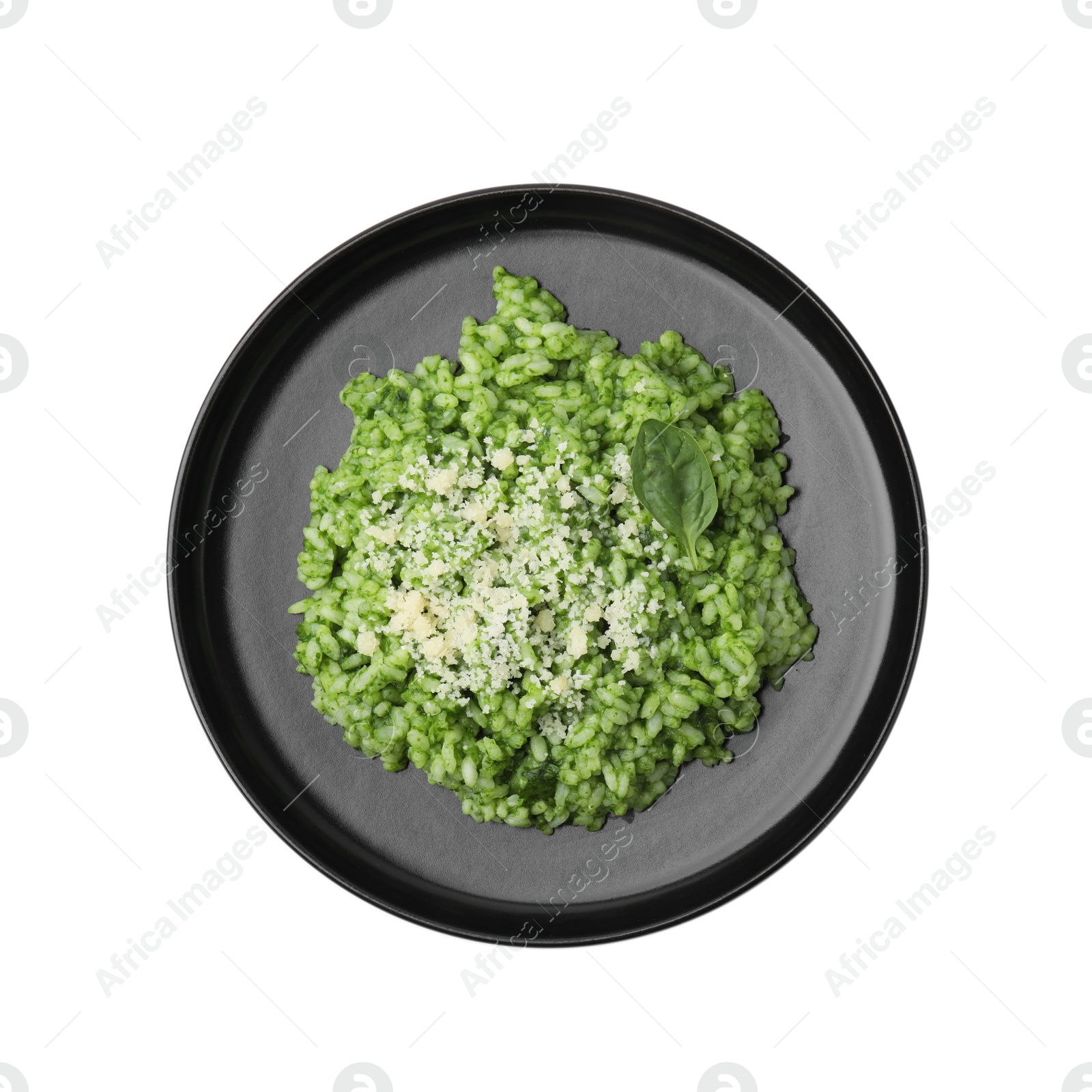 Photo of Delicious spinach risotto with parmesan cheese isolated on white, top view