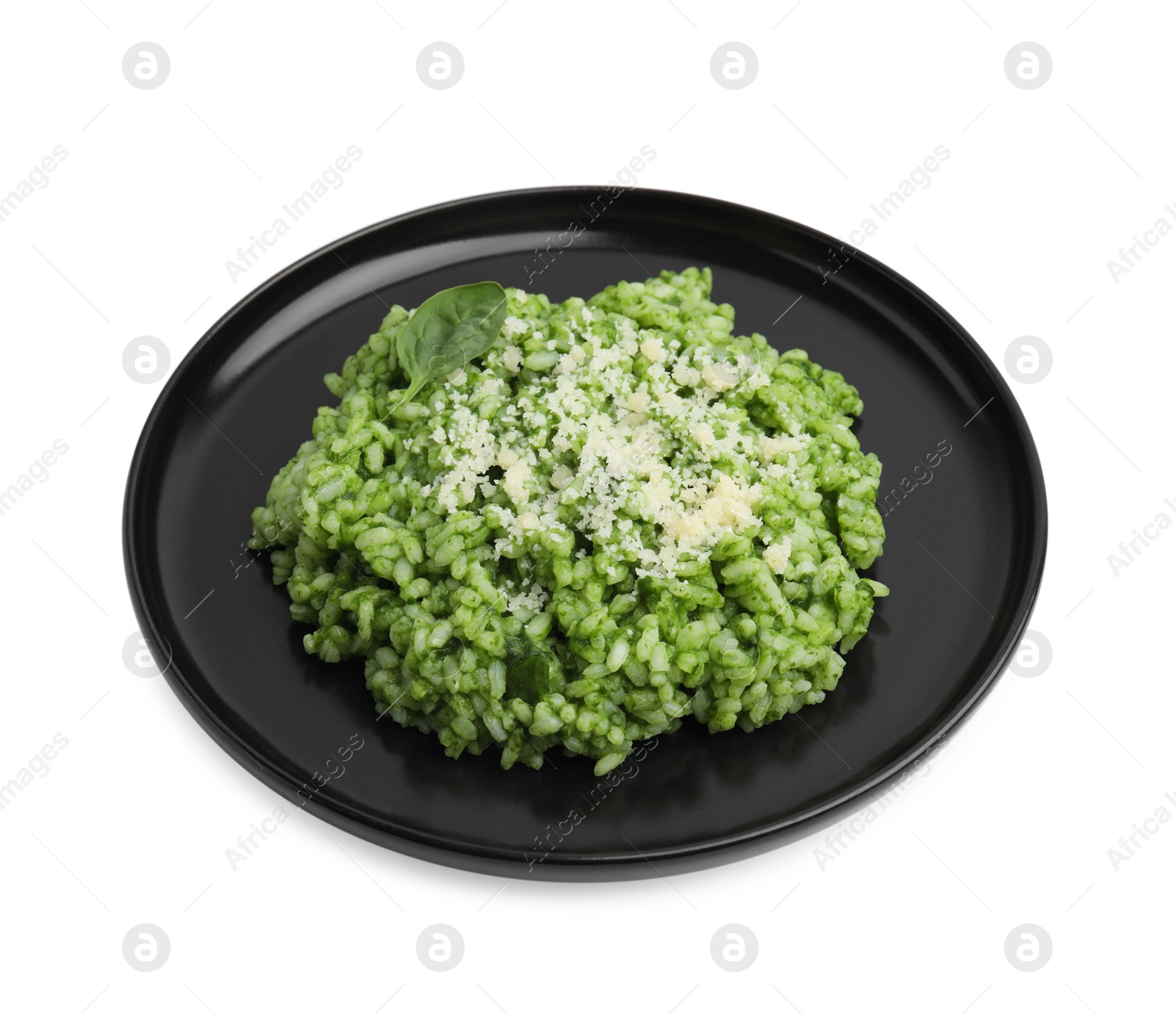 Photo of Delicious spinach risotto with parmesan cheese isolated on white