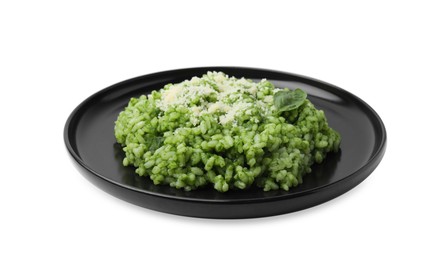 Photo of Delicious spinach risotto with parmesan cheese isolated on white