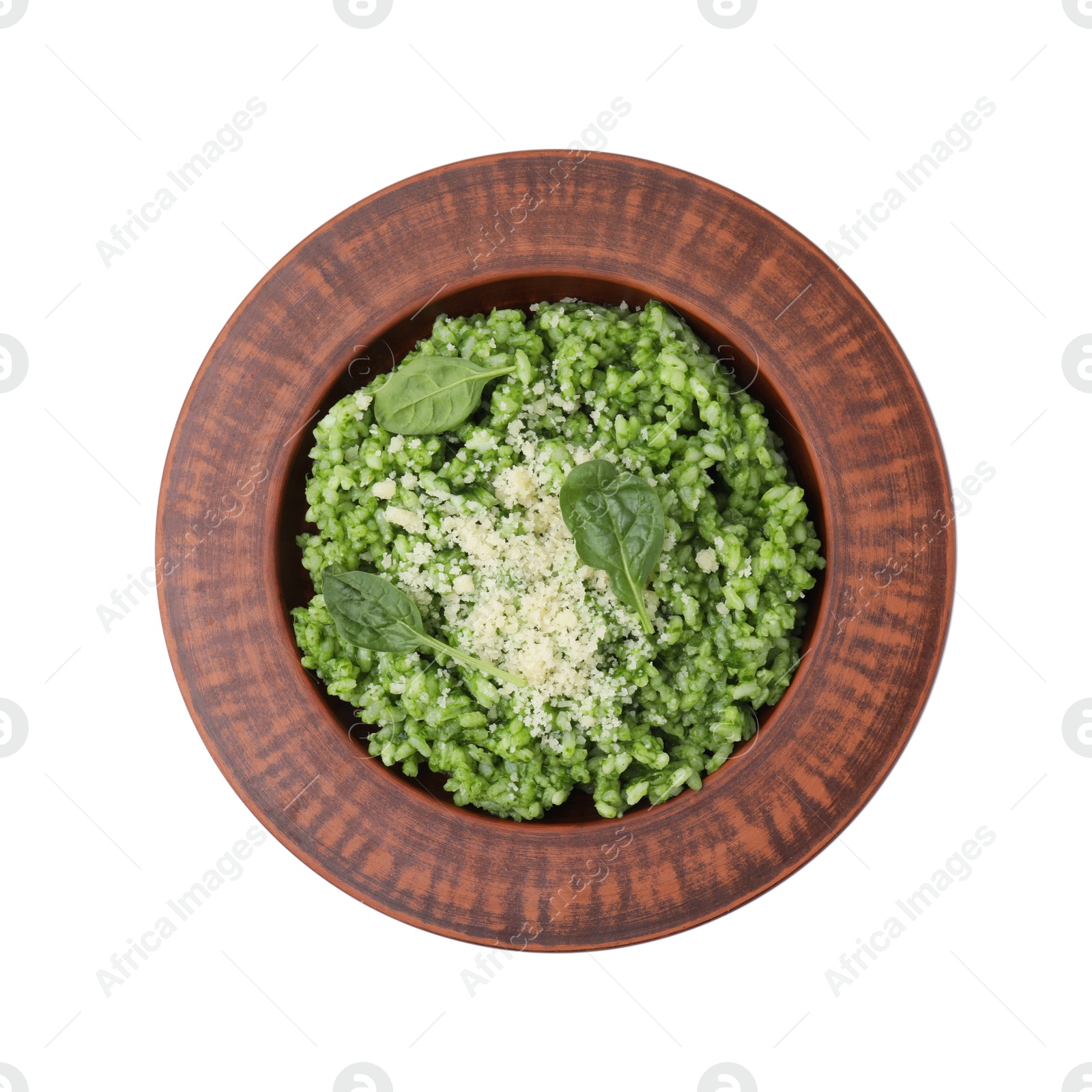 Photo of Delicious spinach risotto with parmesan cheese isolated on white, top view