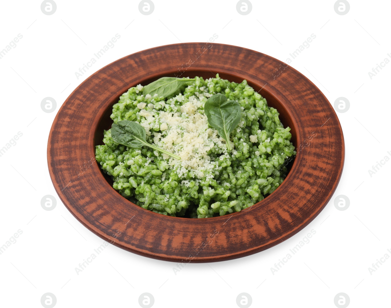 Photo of Delicious spinach risotto with parmesan cheese isolated on white