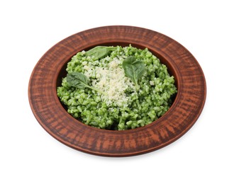 Photo of Delicious spinach risotto with parmesan cheese isolated on white