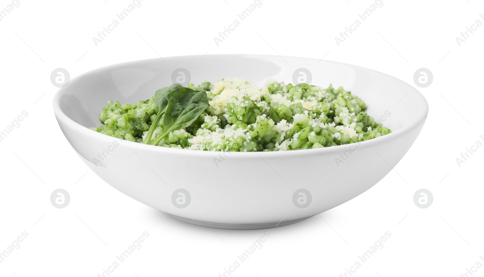 Photo of Delicious spinach risotto with parmesan cheese isolated on white